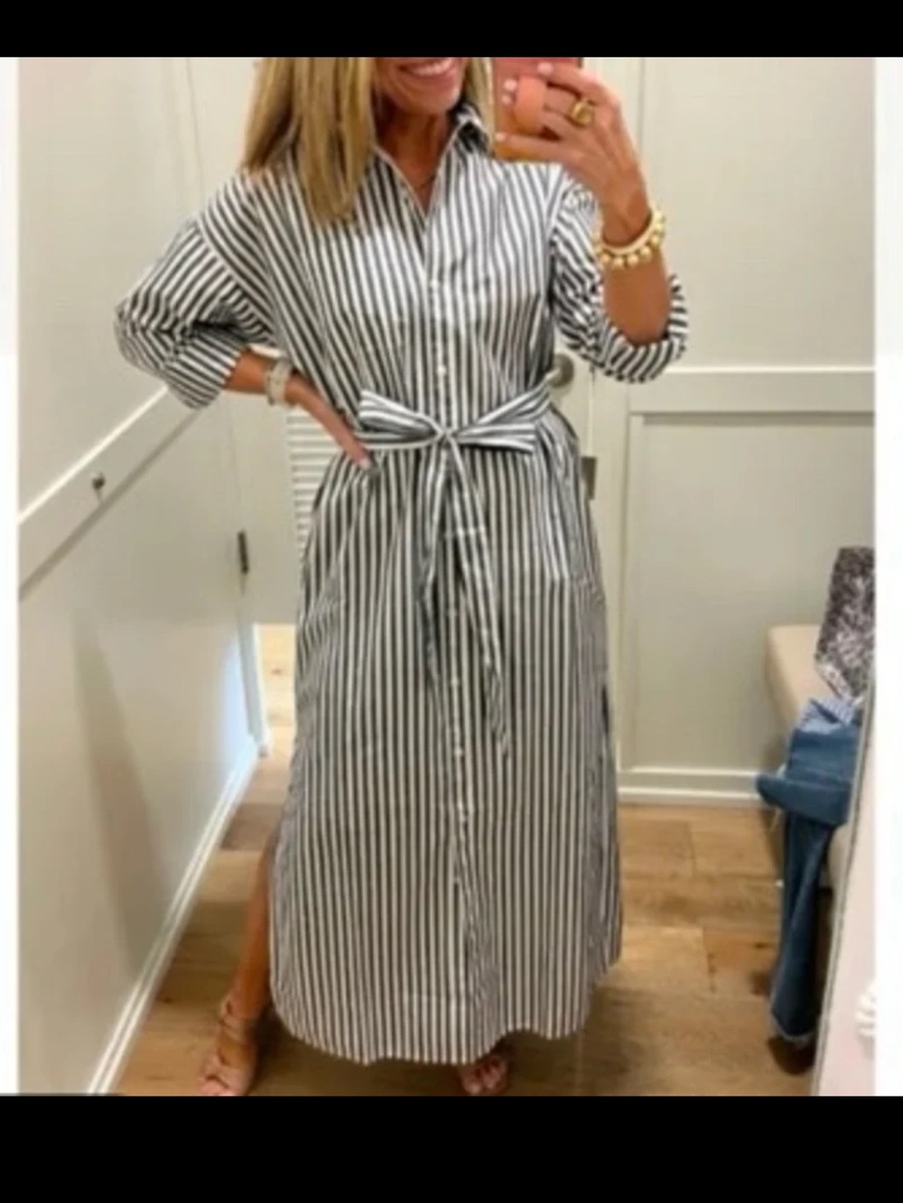 LOFT Grey/White Striped Poplin Belted Pocket Shirtdress size Large - Picture 4 of 12